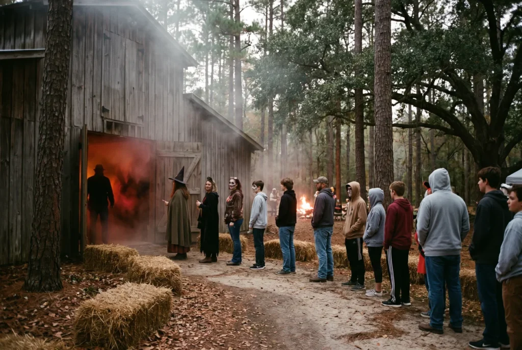 Costumed visitors waiting in line at night at a rural haunted attraction among tall pine trees, fog drifting from a wooden entrance under orange and red light