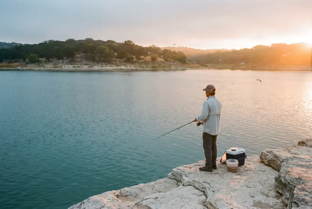 An angler on a limestone shoreline of Lake Georgetown at sunrise, rod in hand, cedar-covered hills across clear water