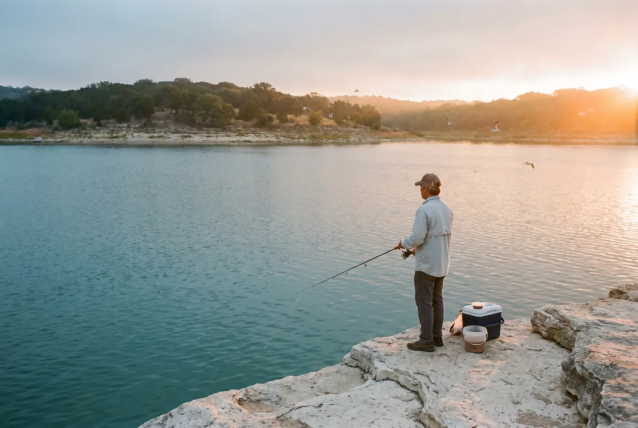 An angler on a limestone shoreline of Lake Georgetown at sunrise, rod in hand, cedar-covered hills across clear water