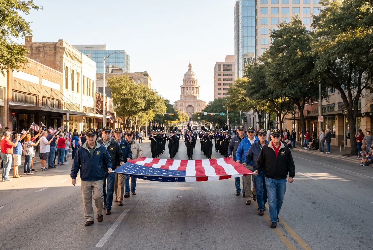 Veterans in unit ball caps marching north up Congress Avenue in Austin on a clear November morning, the Texas Capitol dome ahead of them and spectators with small American flags